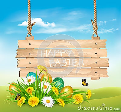 Easter Holiday Background with colofrul eggs in green grass and wooden sign. Vector Illustration