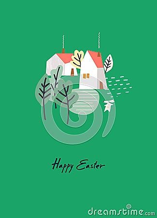 Easter holiday design with hand-lettered greetings cute village, Easter bunny with a basket of eggs Vector Illustration