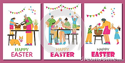 Easter holiday greeting cards set with happy family activities - flat vector illustration. Cartoon Illustration