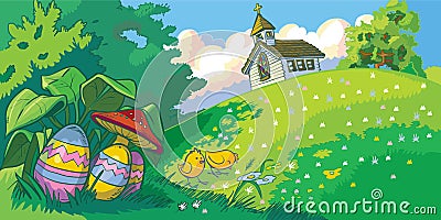 Easter Holiday Landscape Background with Church and Eggs Vector Illustration