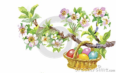 Easter holiday watercolor wicker basket filled with colorful eggs vector illustration Vector Illustration