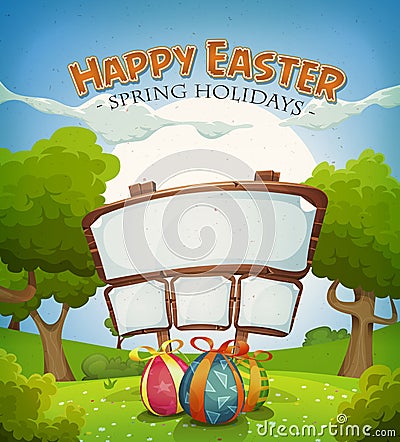 Easter Holidays And Spring Landscape With Sign Vector Illustration