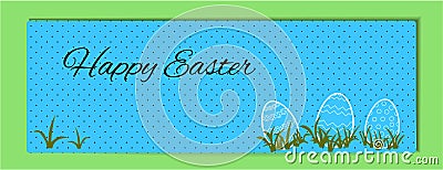 Easter horizontal banner in blue and black pea. Happy Easter. Illustration of a contoured eggs with a pattern in green grass. Vector Illustration