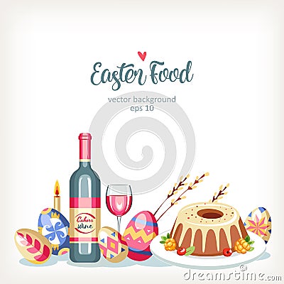 Easter horizontal festive food background with traditional easter eggs and cakes Vector Illustration