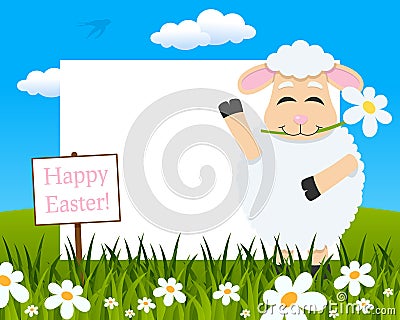 Easter Horizontal Frame - Lamb with Flower Vector Illustration