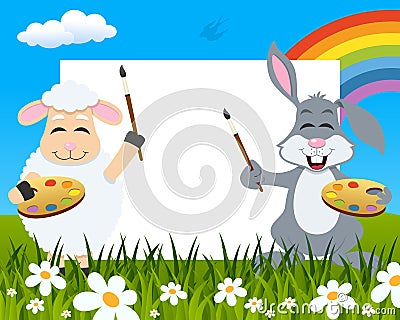 Easter Horizontal Painters - Lamb & Rabbit Vector Illustration