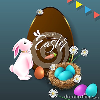 Easter illustration with a cute bunny and a basket of eggs on a dark blue background Vector Illustration