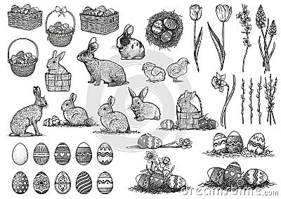 Easter illustration, drawing, engraving, set collection Vector Illustration