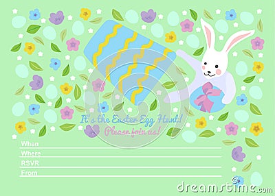 Easter invitations templates with bunny hides easter egg under the bucket and typographic design Vector Illustration