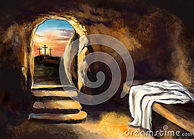 Easter Jesus Christ rose from the dead. Sunday morning. Dawn. The empty tomb in the background of the crucifixion. Happy Cartoon Illustration