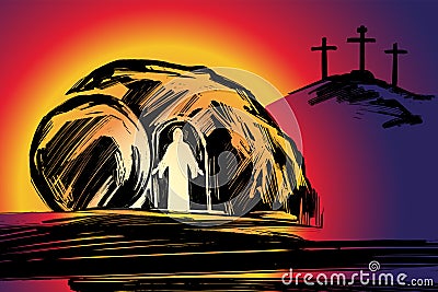 Easter Jesus Christ rose from the dead. Sunday morning. Dawn. The empty tomb in the background of the crucifixion Vector Illustration