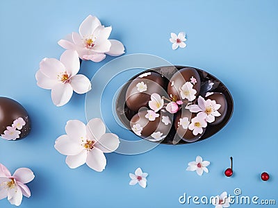 Easter Joy Unleashed: Colorful Chocolate Eggs and Cherry Blossoms Arrangement Stock Photo