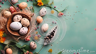 Easter Joy: Whimsical Flower & Quail Egg Compositio Cartoon Illustration