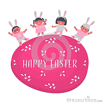 Easter kids party. Cute children dance on Pink Easter egg. Group of little kids have fun Vector Illustration