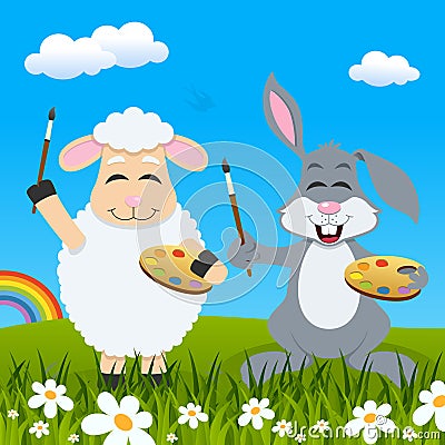 Easter Lamb & Rabbit Painters & Rainbow Vector Illustration