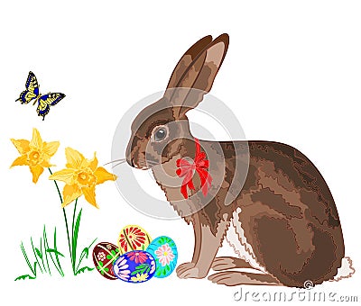 Easter little bunny with daffodils and butterflies Vector Illustration