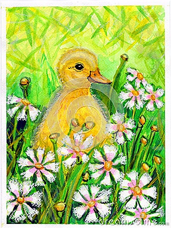 Easter little yellow duckling bird summer flowers green background watercolor illustration Cartoon Illustration