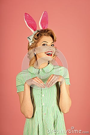 Easter, makeup, pinup party, girl in rabbit ears. Stock Photo