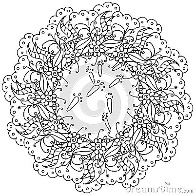 Easter mandala with ornate flowers and bunny footprints in the center, coloring page with festive attributes Vector Illustration