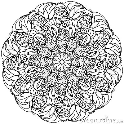 Easter mandala with patterned eggs, flowers and ornate swirls, meditative coloring page for the holiday Vector Illustration