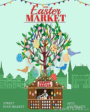 Easter Market poster, Holiday City Spring Fair. Easter Tree wooden stall decorated flowers, colored Easter eggs, bunny Vector Illustration