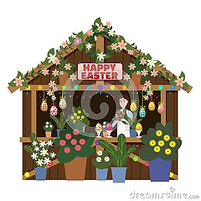 Easter Market wooden stall decorated flowers, tent, kiosk. Seller, spring flowers Vector Illustration