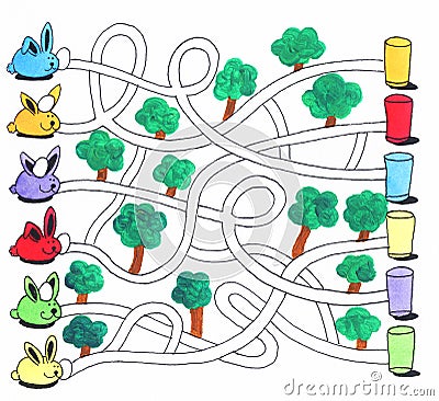 Easter maze game or activity page for kids: Bunnies and eggs Cartoon Illustration