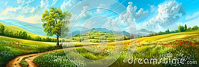 Easter Monday backgrounds featuring rolling hills and colorful meadows. Stock Photo