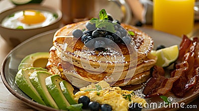 Easter Morning Delights Pancakes, Scrambled Eggs, Avocado, and Bacon Stock Photo