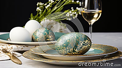 Easter Morning Splendor.The Table with Spring Bouquet and Eggs with delicate gold painting Stock Photo
