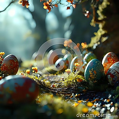 Easter Morning: Sunlit Tulips and Painted Eggs Stock Photo