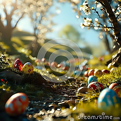 Easter Morning: Sunlit Tulips and Painted Eggs Stock Photo