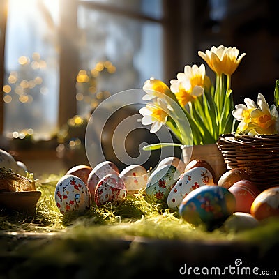 Easter Morning: Sunlit Tulips and Painted Eggs Stock Photo