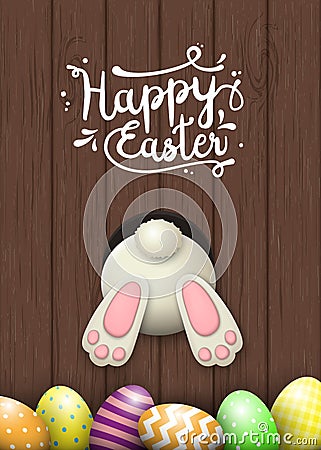 Easter motive, bunny bottom and easter eggs on brown wooden background, illustration Cartoon Illustration