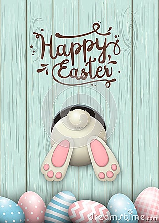 Easter motive, bunny bottom and easter eggs in fresh grass on blue wooden background, illustration Vector Illustration