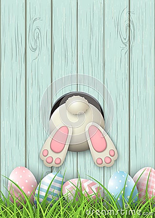 Easter motive, bunny bottom and easter eggs in fresh grass on blue wooden background, illustration Vector Illustration
