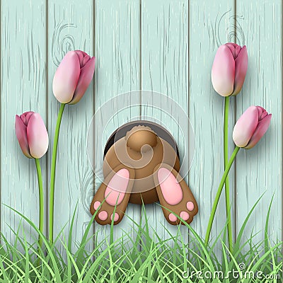Easter motive, bunny bottom, pink tulips and fresh grass on blue wooden background, illustration Vector Illustration
