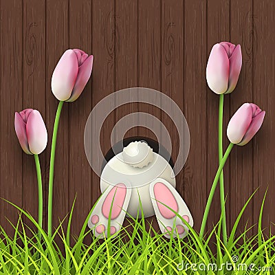 Easter motive, bunny bottom, pink tulips and fresh grass on dark brown wooden background, illustration Vector Illustration