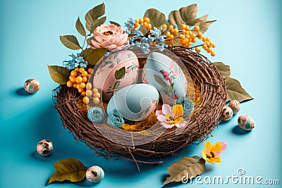 Easter nest with easter eggs, generative ai Stock Photo