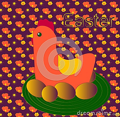 Illustration of postcard for Easter with chicken, eggs and nest Stock Photo