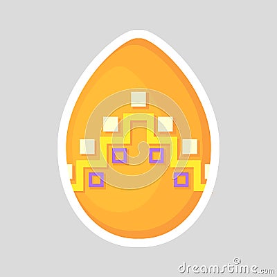 Easter orange egg icon isolated on a gray background with colored contrasting ornament of rectangles and zig zag line. Vector Illustration