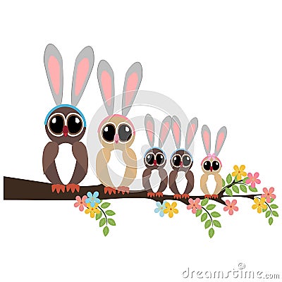 Easter Owls on a branch Vector Illustration