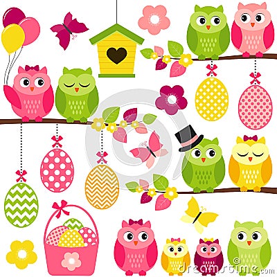 Easter Owls Vector Illustration
