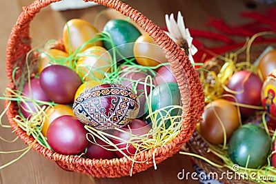 Easter painted eggs in a basket Stock Photo