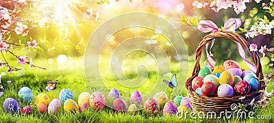 Easter Painted Eggs In Basket On Grass Stock Photo