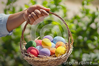 easter painted eggs in basket hand holding on green background Stock Photo