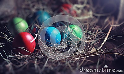 Easter painted eggs on burlap Stock Photo