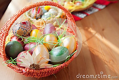 Easter painted eggs in traditional basket Stock Photo