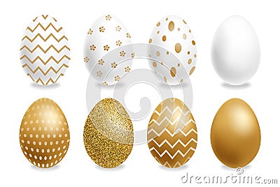 Easter painted golden eggs Vector realistic collection. Abstract ornamented cute design. 3d detailed sets Vector Illustration