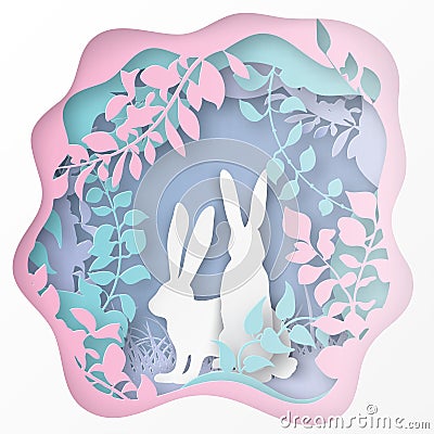 Easter paper art spring forest with grass, branches, rabbit Vector Illustration